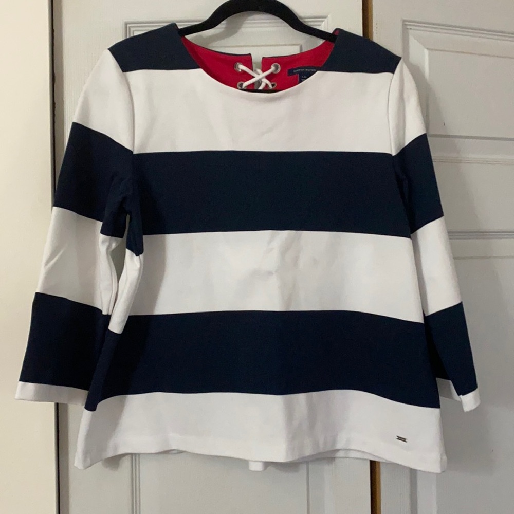 Navy white nautical Tommy Hilfiger top lace back